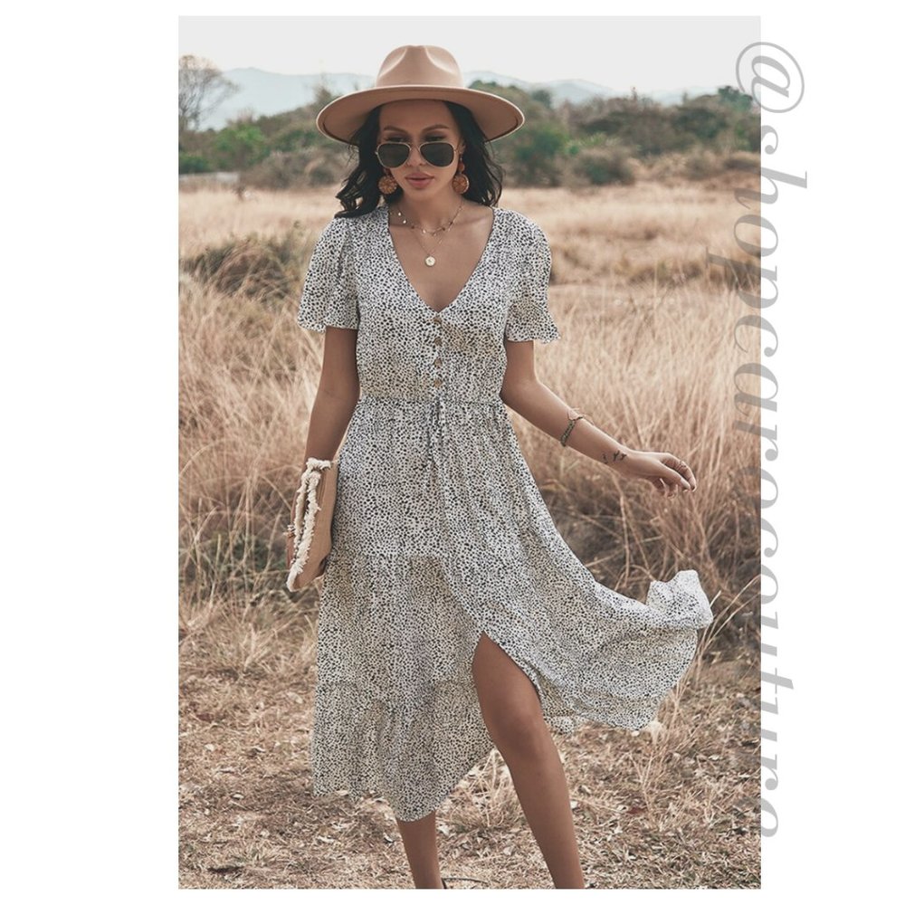 Flutter Sleeve Polka Dot Midi Dress - WHITE